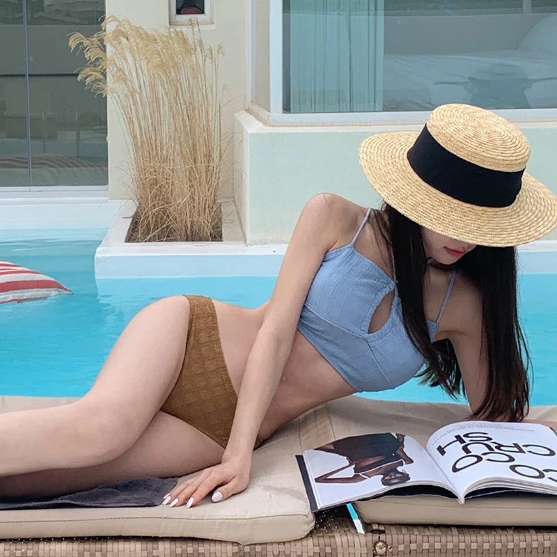 2025 الكورية قطعتين بيكيني المرأة Ins نمط ملابس السباحة الصلبة عودة ضمادة 2025 ملابس السباحة انقسام الرقبة التخسيس Biquini لباس سباحة #3