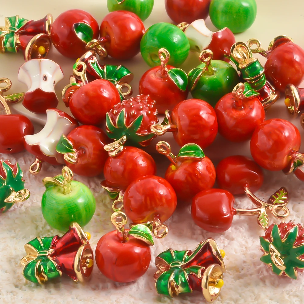 2/4Pcs kawaii Enamel Fruit Red Apple Strawberry Charms For Bracelet Jewelry Making Christmas Bell Bedels Bijoux Materiales Bulk