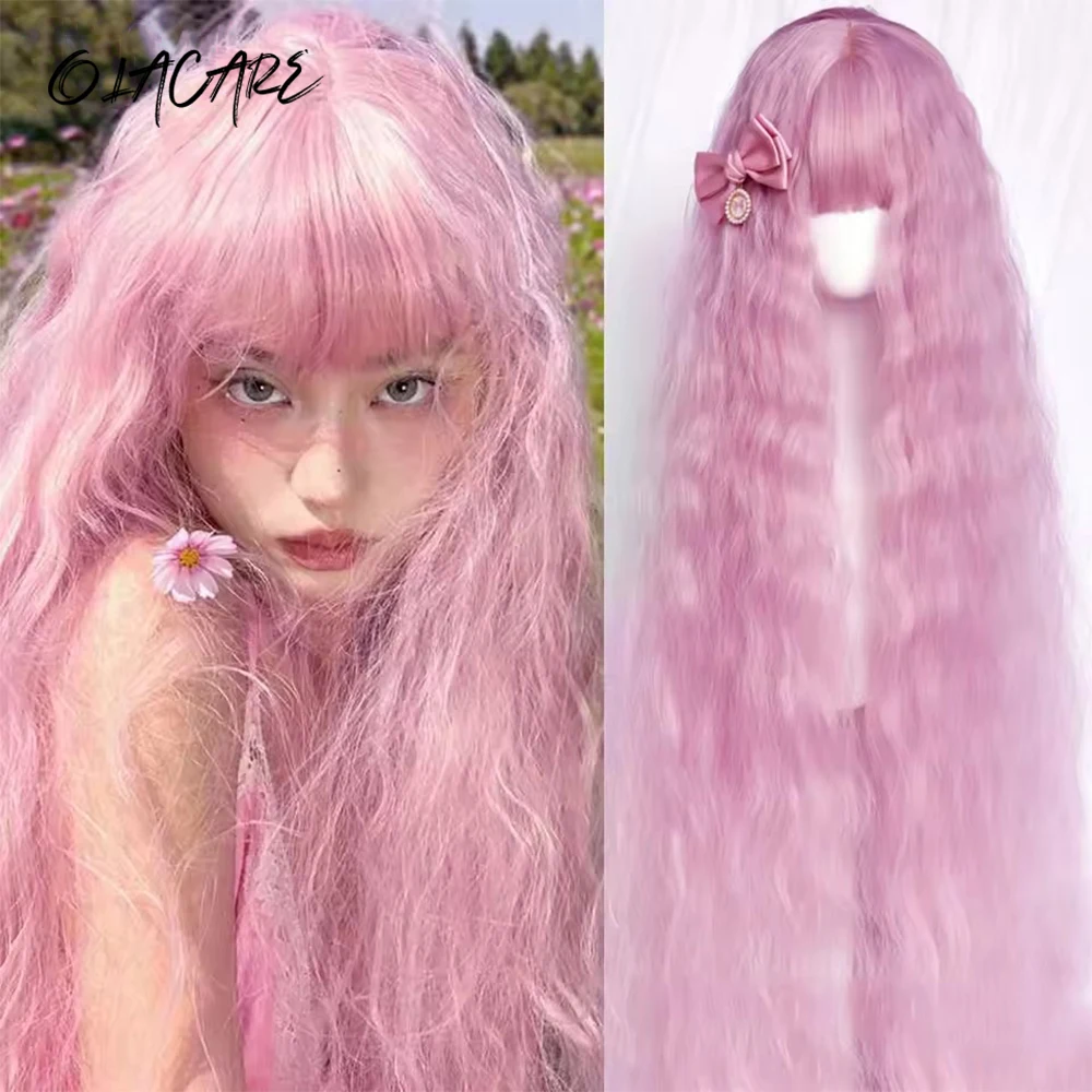 OLACARE Perruques Synthétiques Rose Clair de 47 Pouces pour Femmes, Perruque Cosplay Lolita, Cheveux Longs Ondulés Naturels avec Frange, Résistantes à la Chaleur
