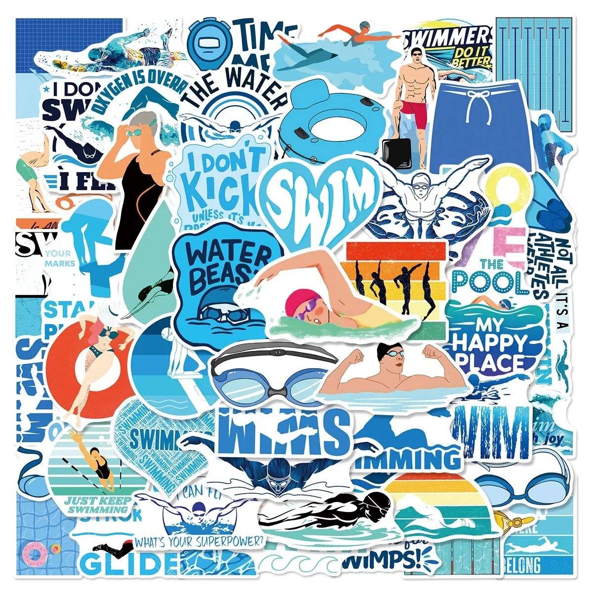50 Stück coole Sommer-Sport-Schwimm-Aufkleber, DIY, Telefon, Laptop, Gepäck, Skateboard, wasserdicht, Graffiti-Aufkleber, Spaß für Kinder, Geschenk