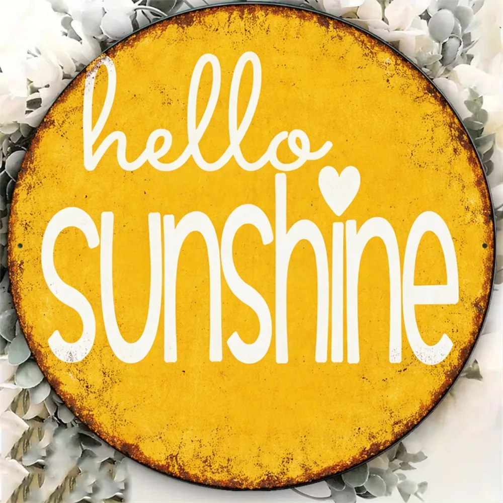 2D Flat Aluminum Round Wall Sign 1Pc 8X8in 20X20cm Hello Sunshine Vintage Summer Farmhouse Plaque Kitchen Cafe Porch Decor