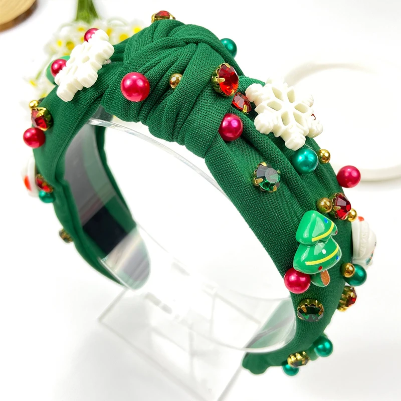 ที่คาดผมคริสต์มาสสำหรับผู้หญิง 1 ชิ้น ลายเกล็ดหิมะสีแดงและเขียว ประดับมุกและเพชร ขอบกว้าง ดีไซน์หรู