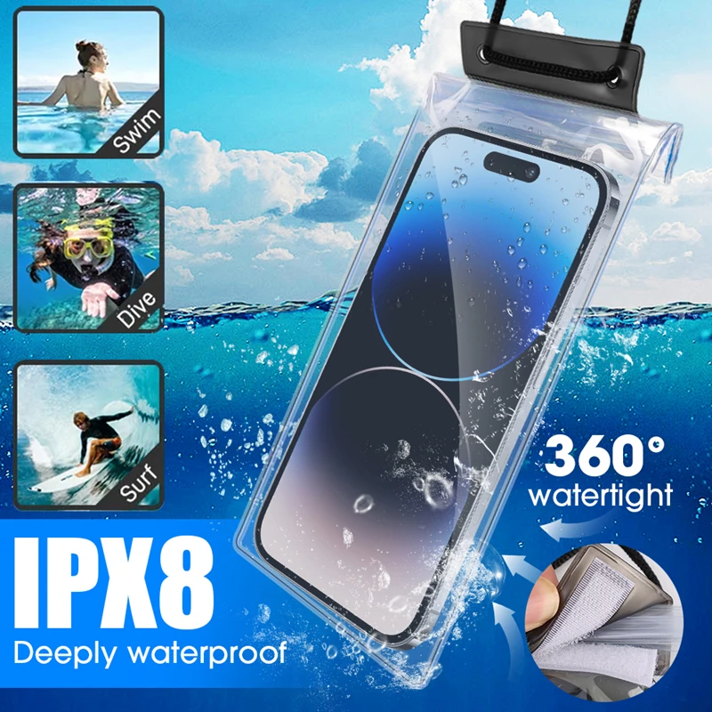 Capa de telefone à prova d'água ipx8, para iphone 15 14 samsung xiaomi huawei universal natação subaquática mergulho bolsa de telefone