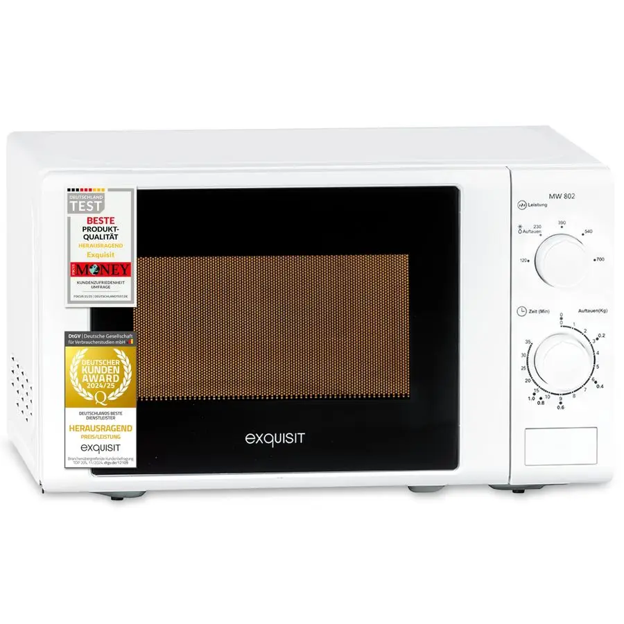 Microondas MW 802, potencia de 700 W, espacio de cocción de 20 L, microondas compacto con interior de acero inoxidable, ahorro de espacio, incluido. Temporizador, Wh