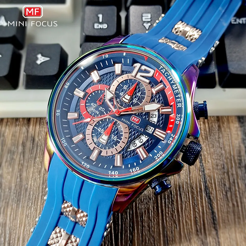 

MINI FOCUS Military Sport Watch for Men Blue Silicone Strap Chronograph Quartz Wristwatch with Auto Date Luminous Hands 0350