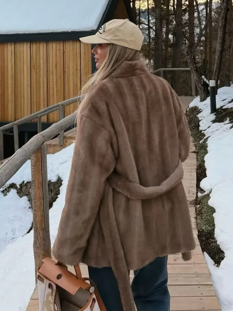 DFDG 2025 冬 レディース リラックスフィット エコファーコート Vネック タイベルト シアリングジャケット ノンパフィー 高級デザイナーアウターコート