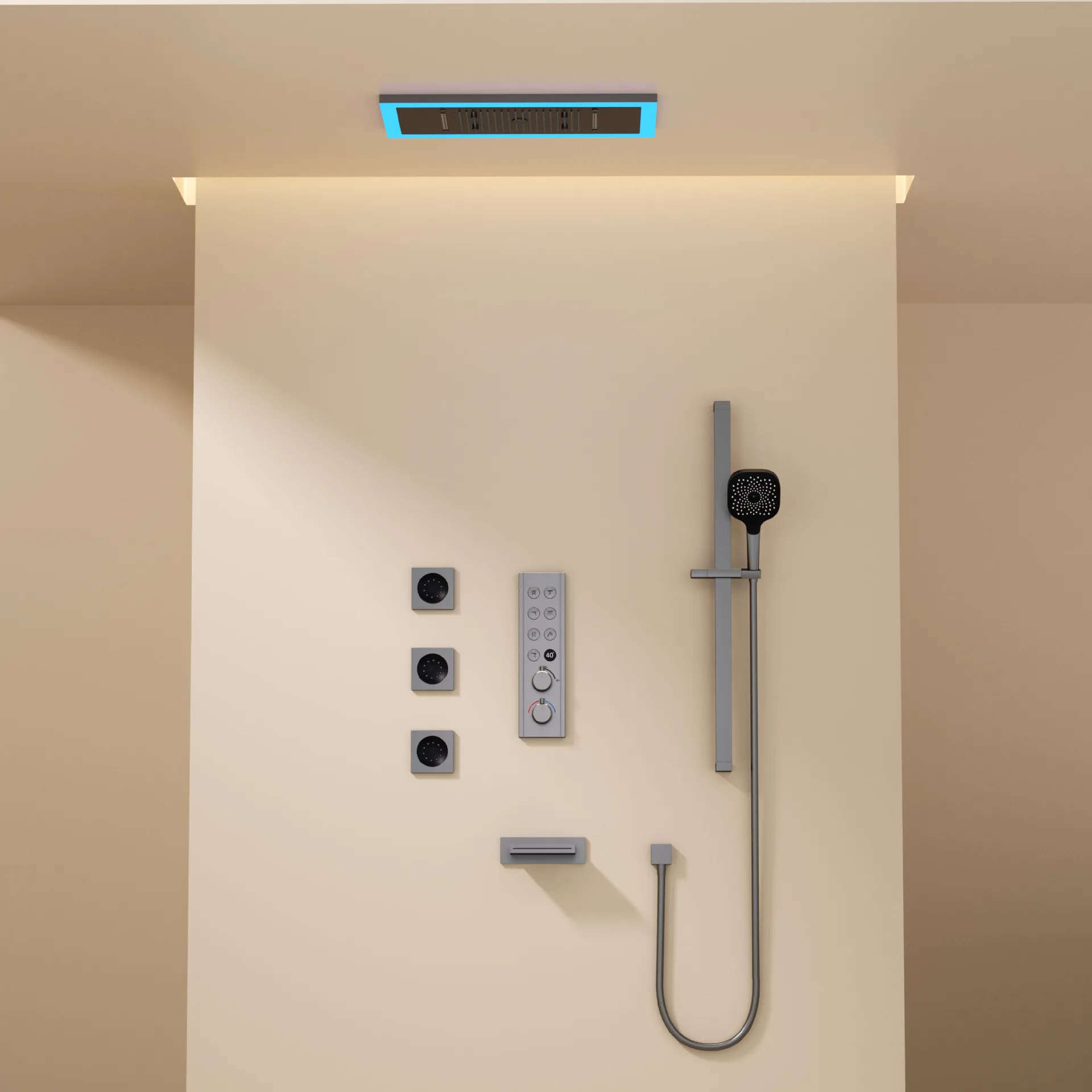 Canopy embedded in wall shower LED intelligent thermostatic pre-embedded box mixing valve concealed shower set waterfall