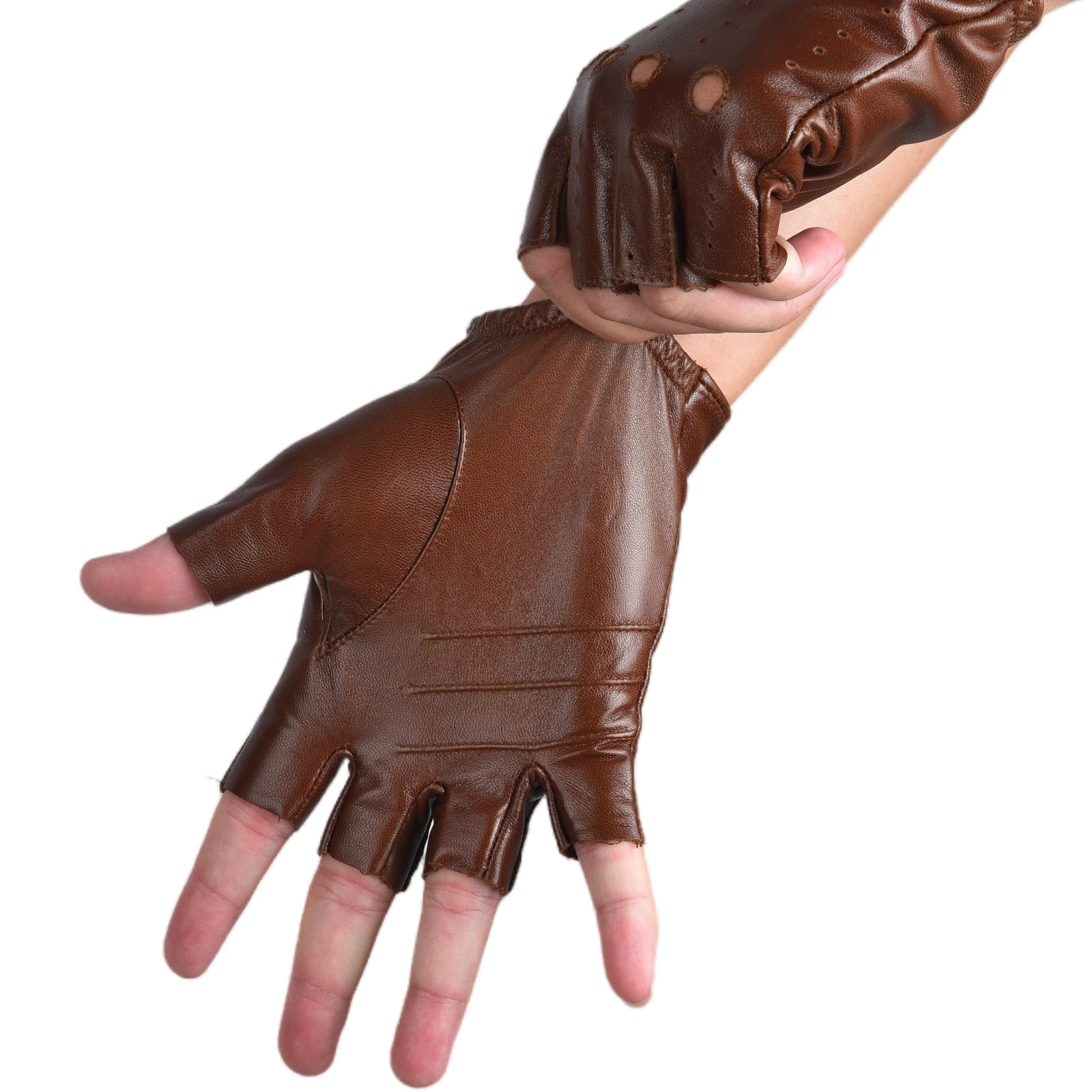 قفازات قيادة جلدية بدون أصابع نصف إصبع للرجال من جلد الغنم الأصلي للاستخدام الخارجي للرجال