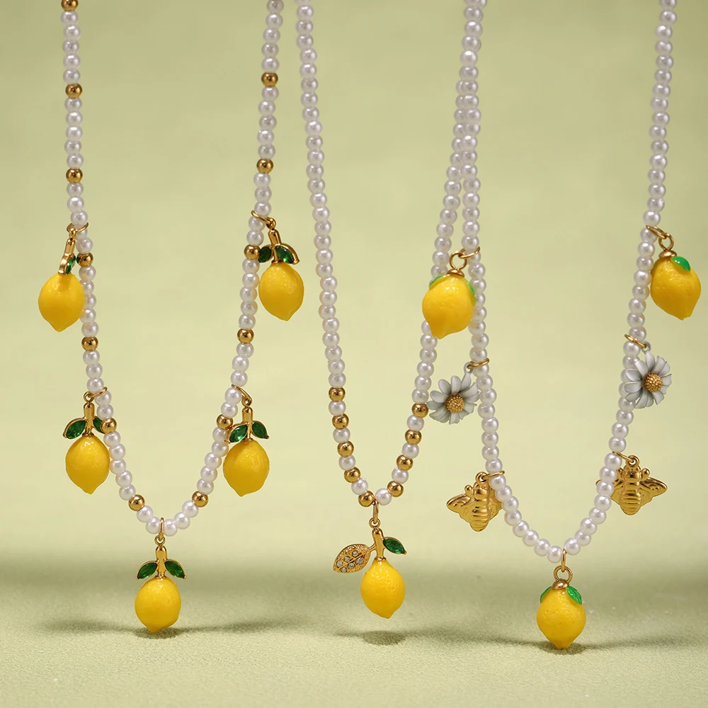 Nivora Harz Obst Zitrone Anhänger Halskette Für Frauen Imitation Perle Edelstahl Zirkon Handgemachte Strang Perlen Halsband Schmuck