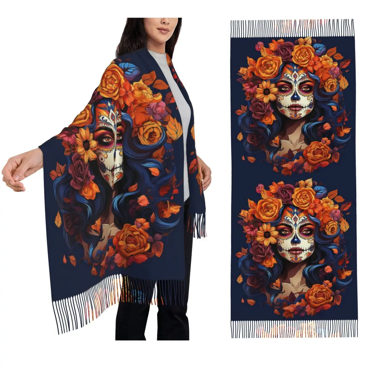 

Mexican Catrina Girl Day Of The Dead Scarf Tassel Scarves for Women Soft Warm Shawls and Wraps Large Fall Winter Shawl Wrap