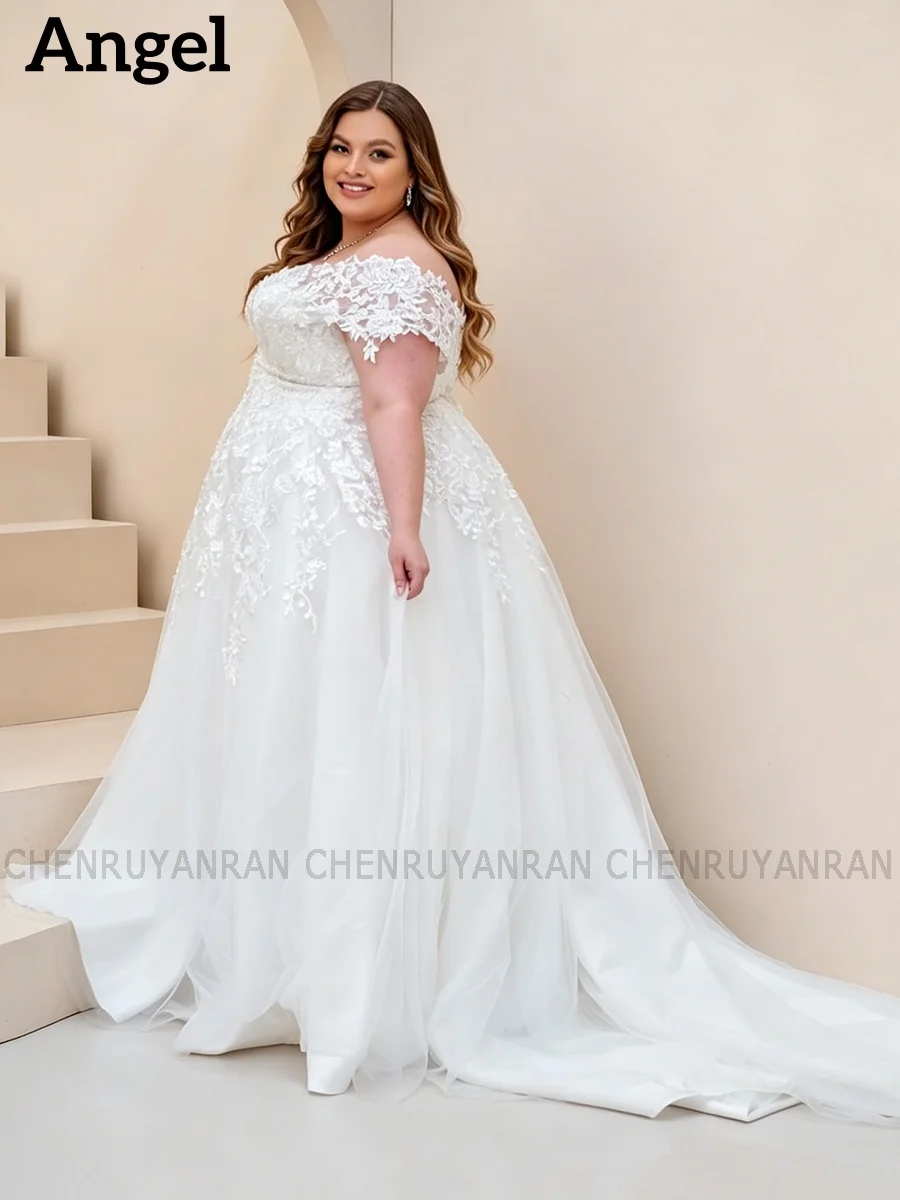ANGEL Plus Size Tulle Wedding Dresses 2026 V-neck A-line Bride Dress With Train Applique Bridal Gowns Vestidos De Novia Custom