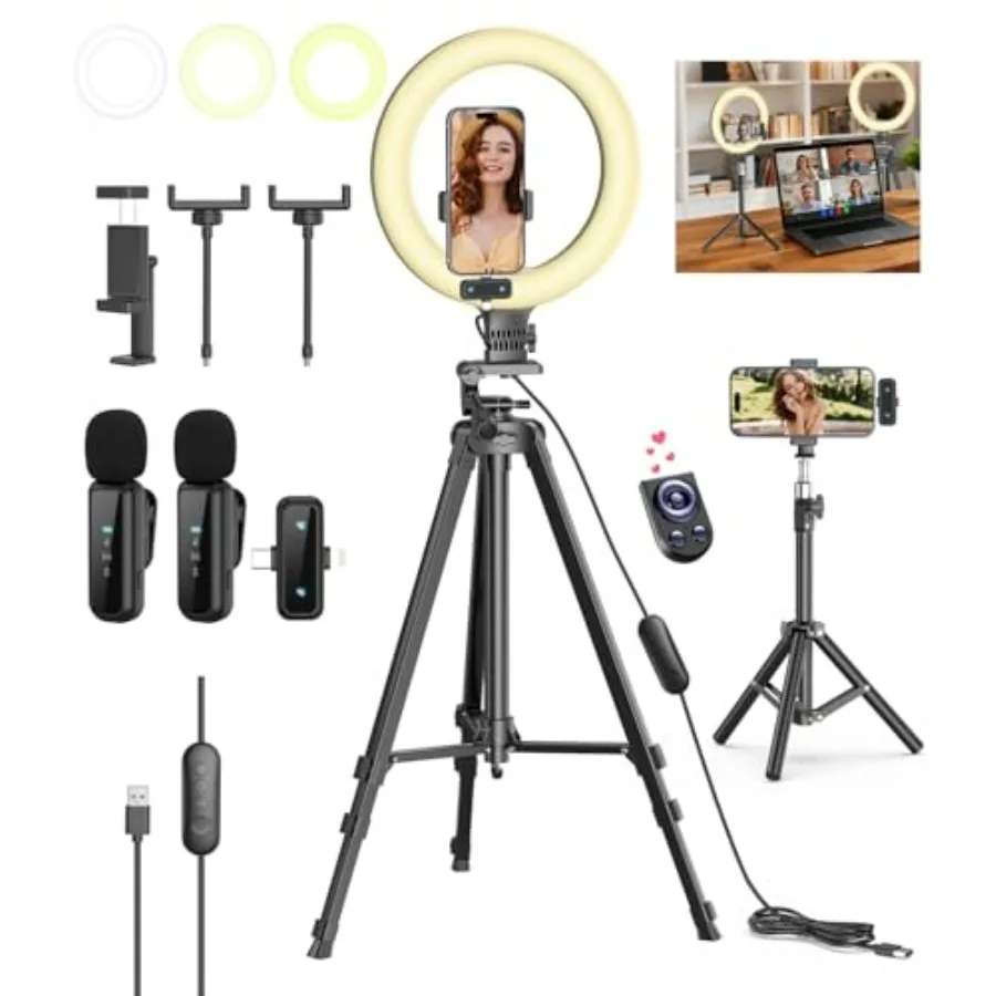 Vlogging Kit for iPhone/Android 10'' Selfie Ring Light with Stand 57'' Extendable Tripod Desktop Tripod Wireless Microphone - Y