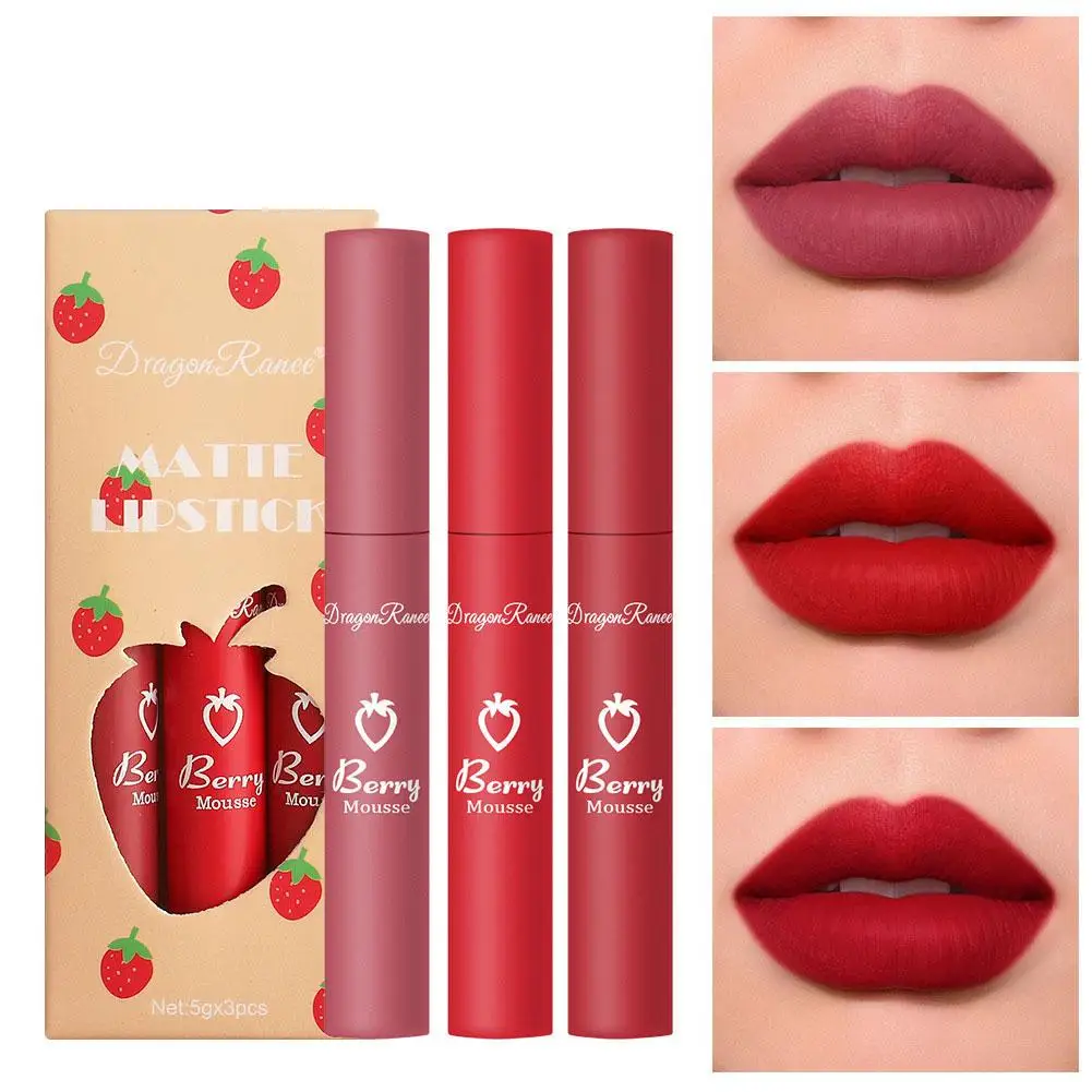 3 Stuks Aardbei Lip Glazuur Set Fluweel Matte Vloeibare Lippenstift Lippenstift Non Stick Cup Nieuw