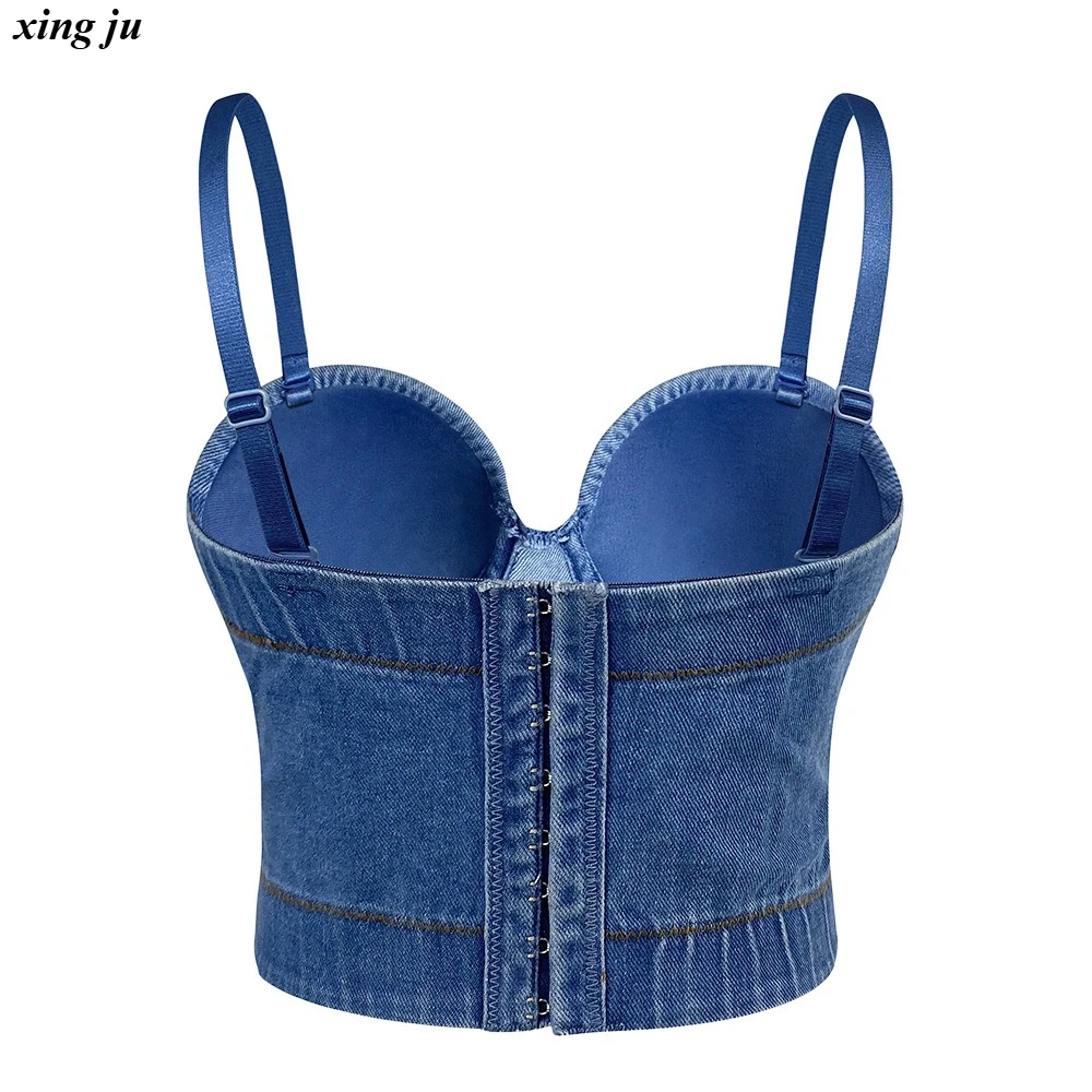 Xing Ju Zanger Nachtclub Podium Diamant Slanke Tops Vrouwen Jazzdans Sexy Backless Denim Sling Vest Vrouwen Party Prestaties Slijtage