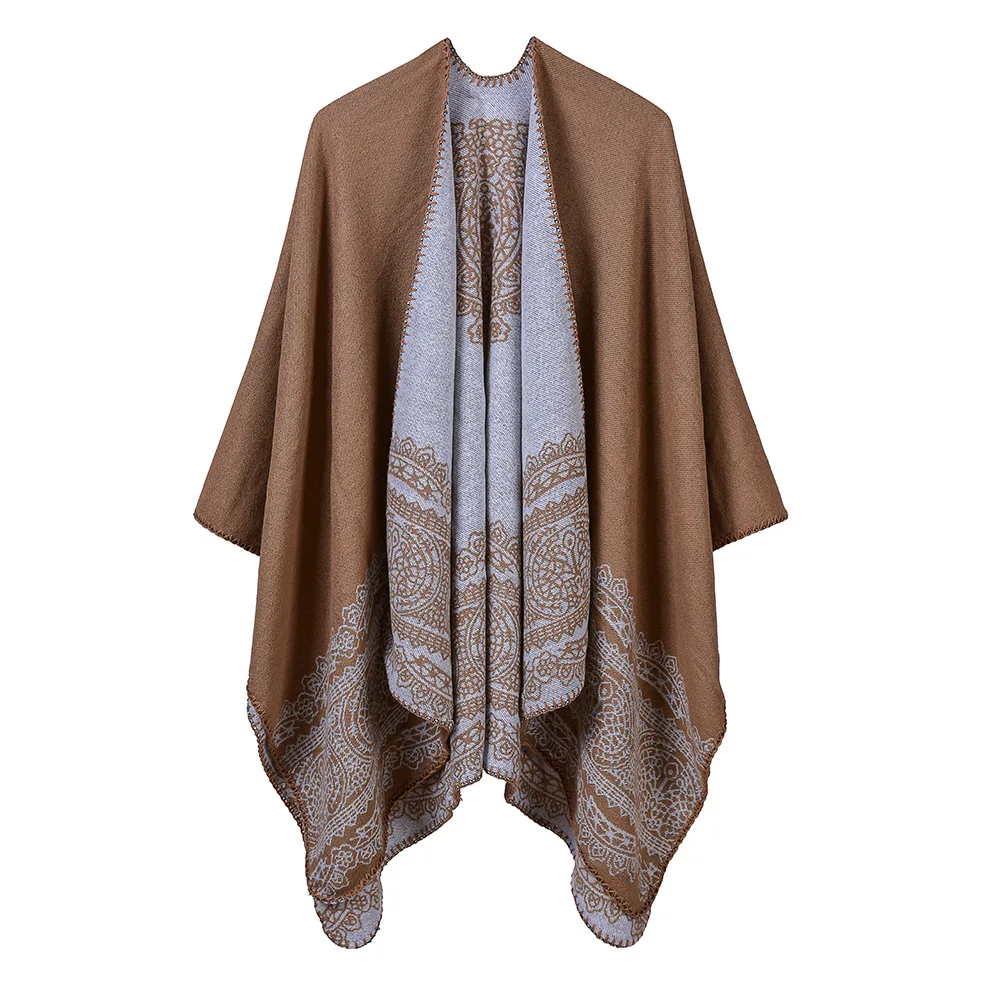 

Autumn Winter Women's Lace Pattern Generous Classic Catwalk Performance Wearing Shawl Pastoral style fork Ponchos Capes Khaki