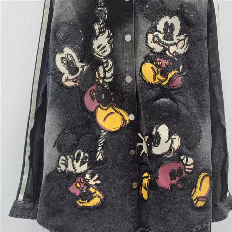 2025 Autumn New Cartoon Anime Print Denim Jacket Women Trendy Brand Heavy Embroidery Sequin Long Sleeve Mid-Length Top