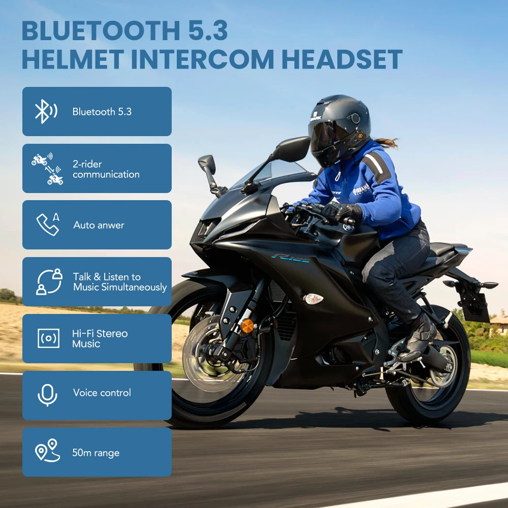 GEARELEC C2 Motorcycle Helmet 5.3 Bluetooth Intercom Headset 50m 2-Rider IP67 Waterproof BT Wireless Communication Multicolor image 2
