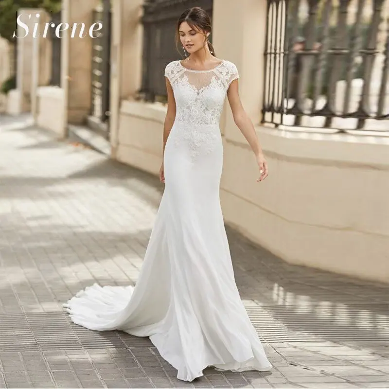 Elegant Mermaid Wedding Dress 2024 White Cap Sleeve Lace O-Neck Chiffon Illusion Pleat Bridal Gown Sweep Train Vestidos De Novia