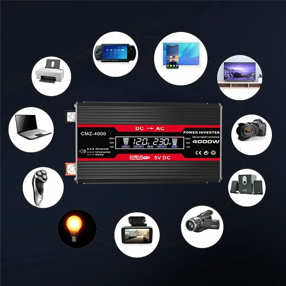 4000W Modified Sine Wave Inverter with 2USB Universal Socket Intelligent LCD Display 4.2A Fast Charging Voltage Converter