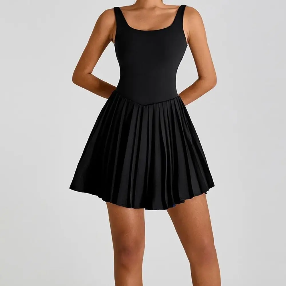 

Hollow Out Women Tennis Dress Sleeveless Lace Up Badminton Skirts Buit-in Short High Elasticity Workout Romper Dress Gym Workout