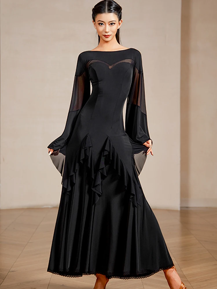 2025 Ballroom Dance Competition Clothing For Women Long Sleeved Lotus Leaf Edge Modern Dance Dress National Waltz Wear DQS21631