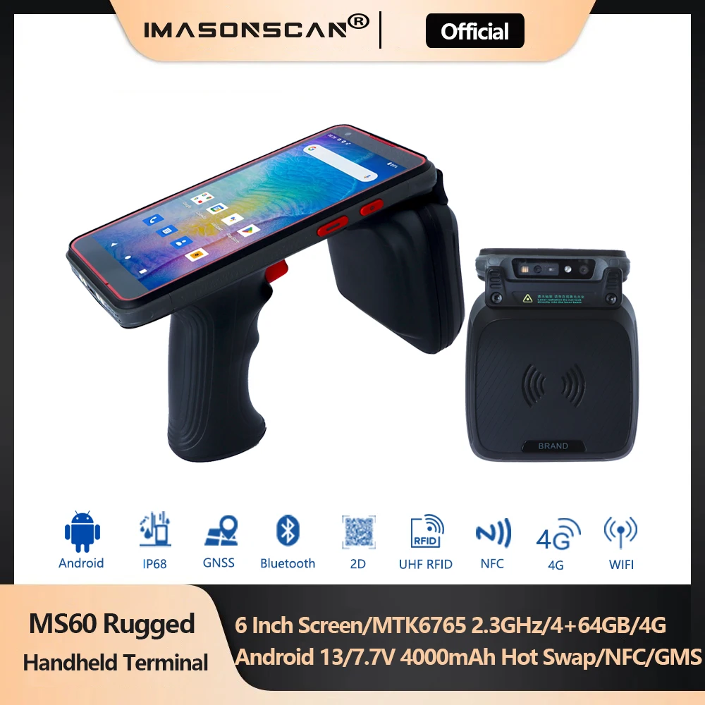 Colector de datos PDAs IP68 Escáner de código de barras portátil móvil Android 11/13 4 + 64GB con lector RFID UHF NFC para venta al por menor
