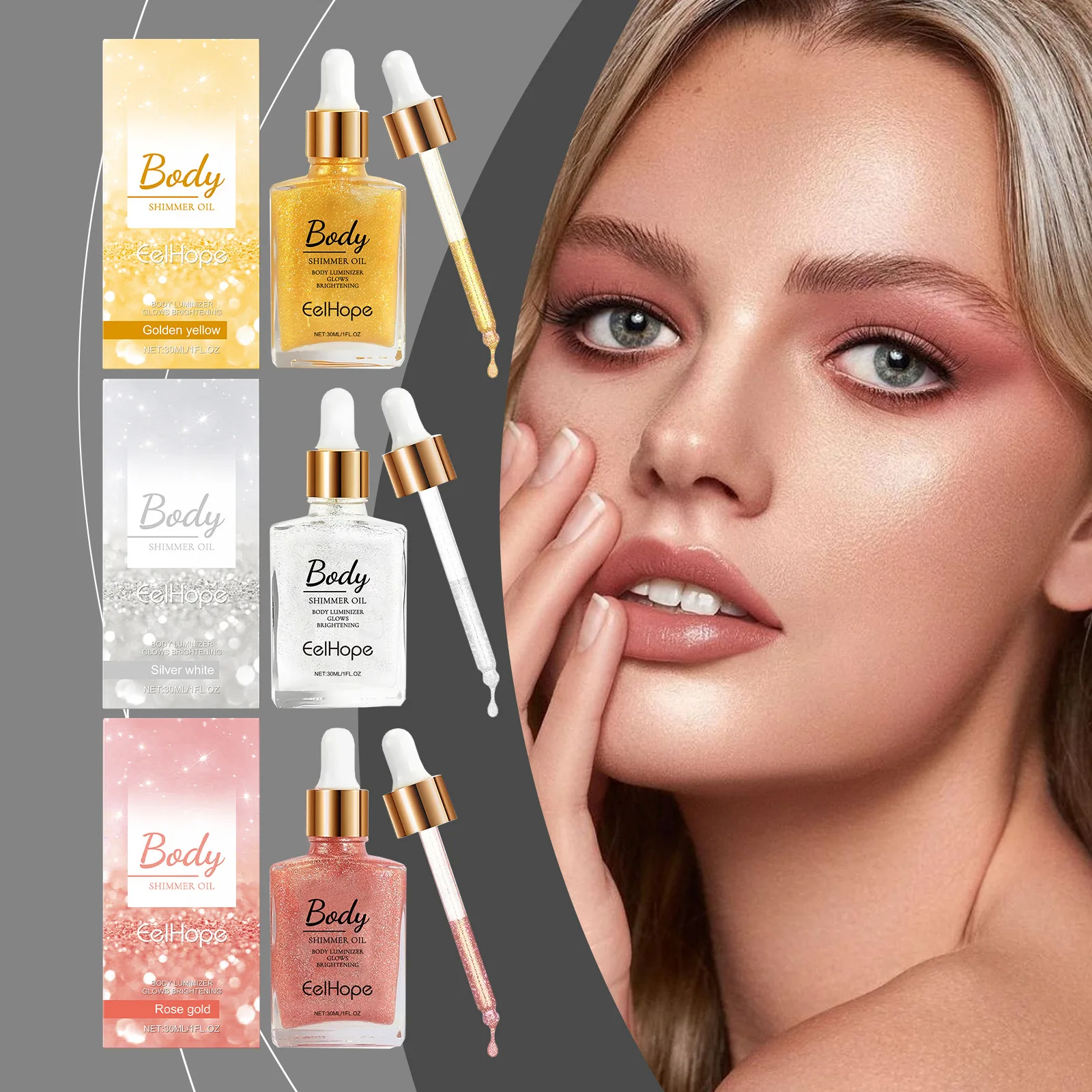 

Body Shimmer Oil Luxury Face Glowing up Long Lasting Brighten Shine Moisturizer Waterproof Gold Highlighter Drops Liquid Makeup