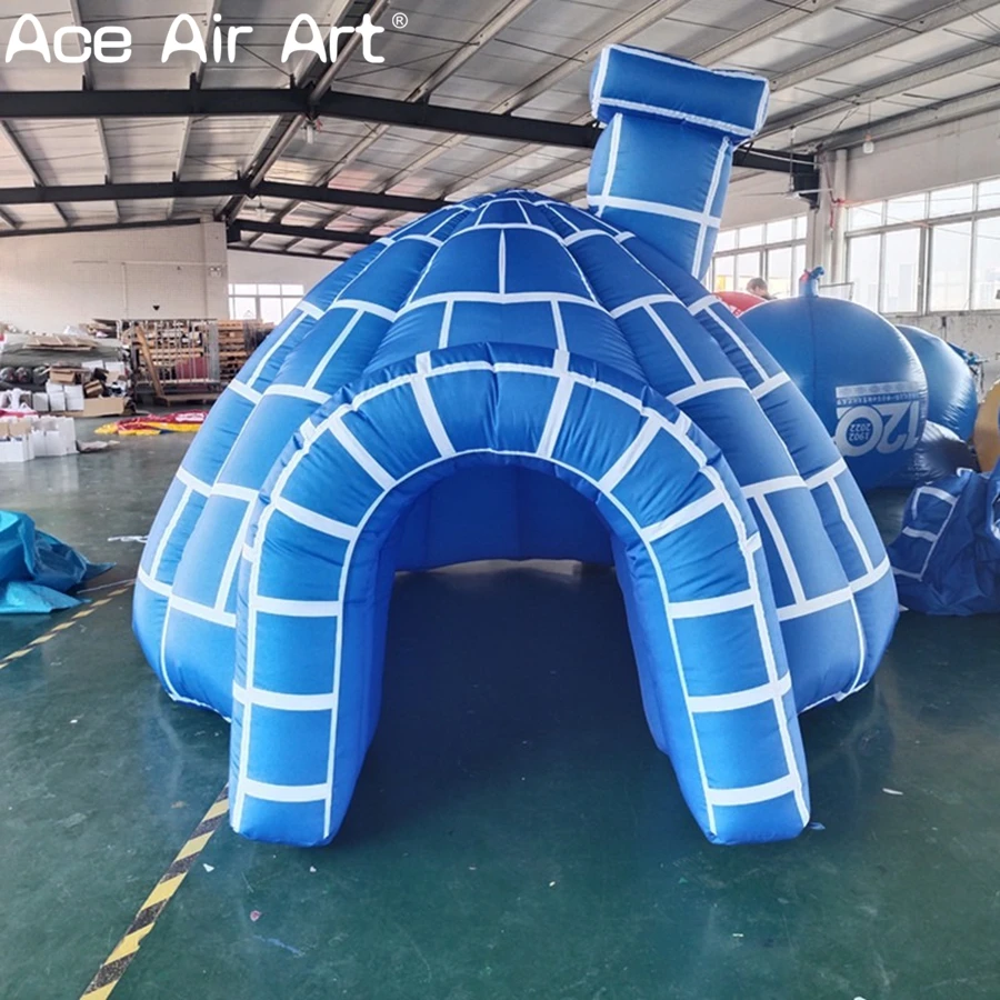 Tente gonflable bleue mignonne de dôme gonflable d'hiver de grotte de pingouins antarctiques d'ignloo pour la décoration extérieure de noël enfants amusants