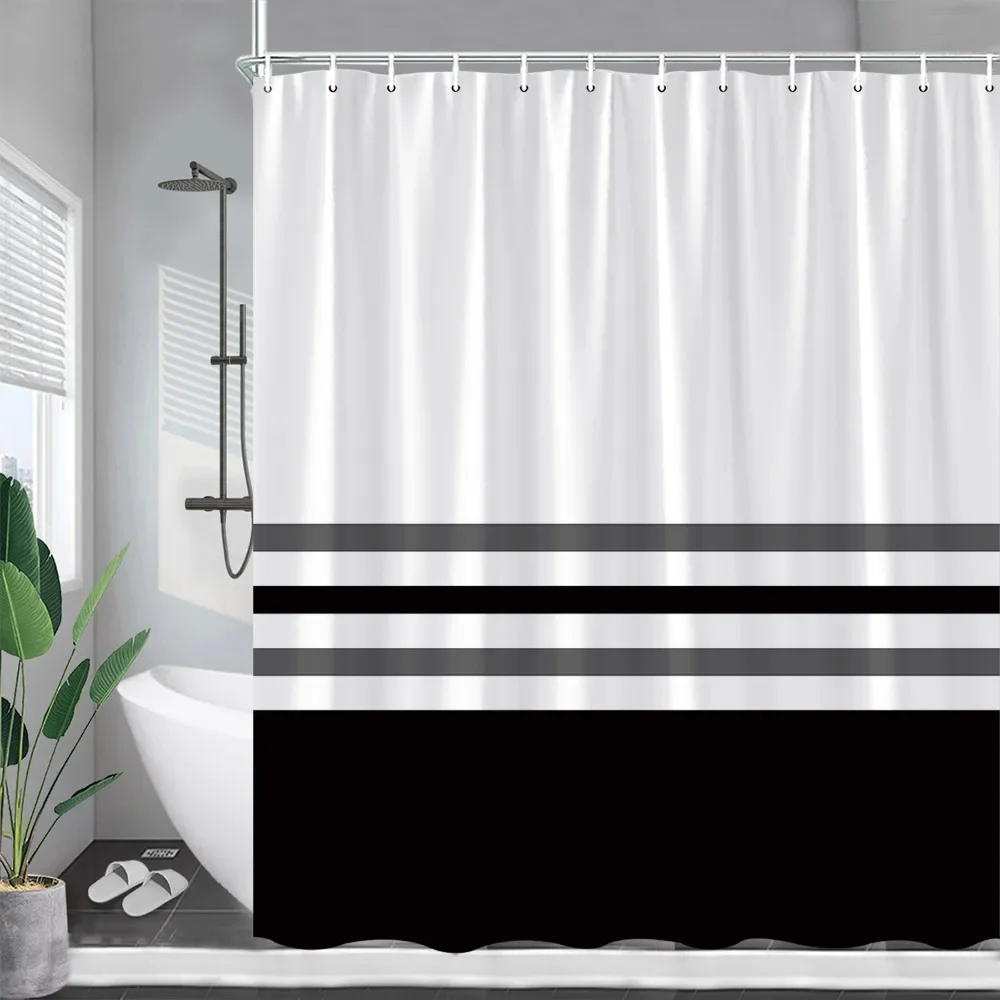 Blue and White Striped Shower Curtains Grey Geometric Modern Minimalist Polyester Fabric Bath Curtain Bathroom Decor with Hooks