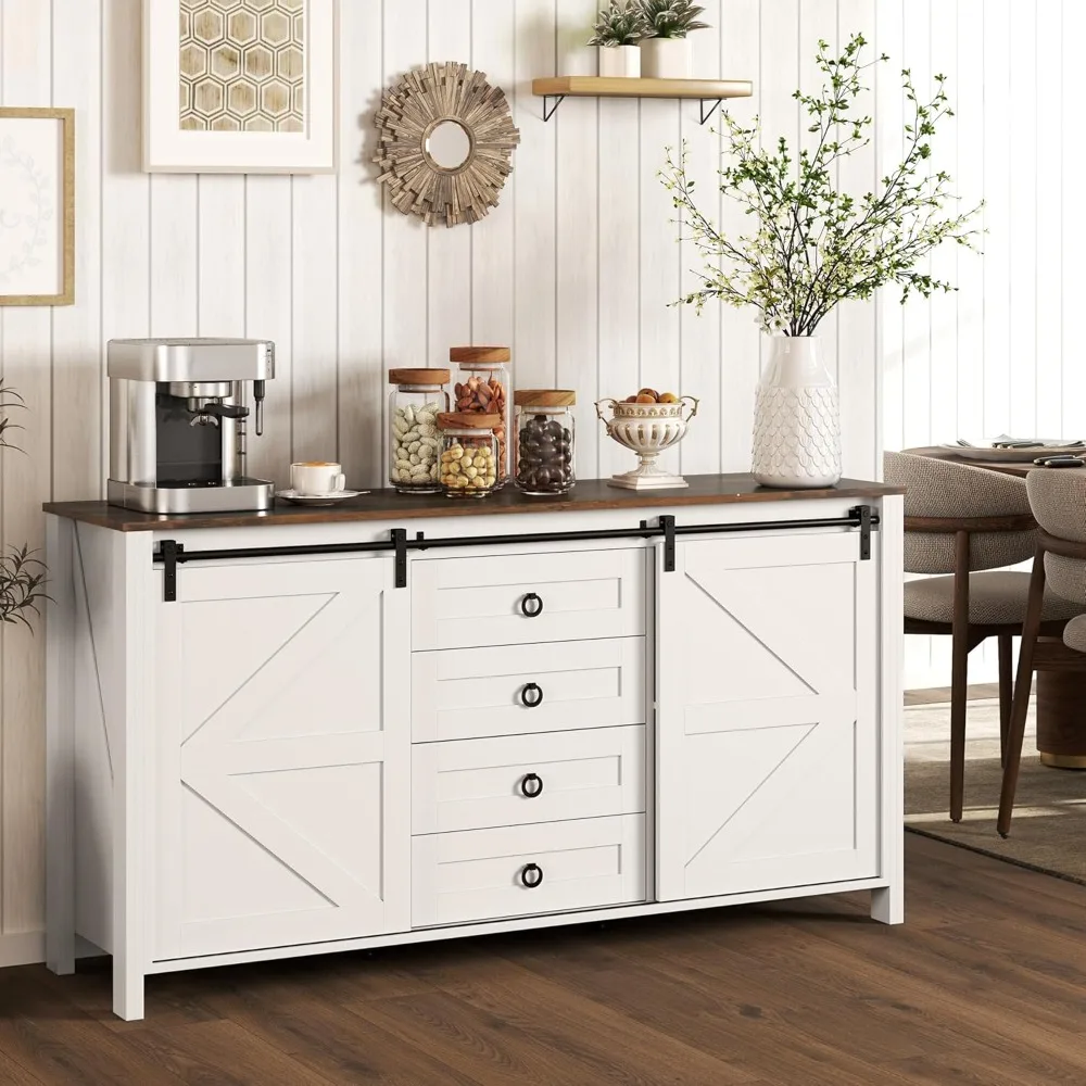 

Farmhouse Sideboard Buffet Cabinet with Storage,60" Kitchen Cabinet with 2 Sliding Barn Doors,4 Drawers and 2 Adjustable Shelves