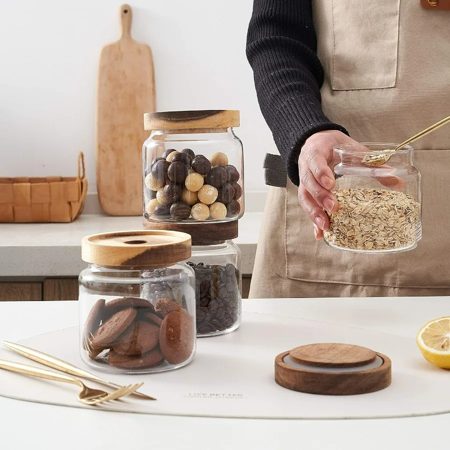 مجموعة من 4 برطمانات/علب طعام زجاجية شفافة مقاس 18 أونصة × 4 مع أغطية من خشب السنط مع ختم محكم الغلق لتخزين المطبخ/الحمام/الحلوى #4
