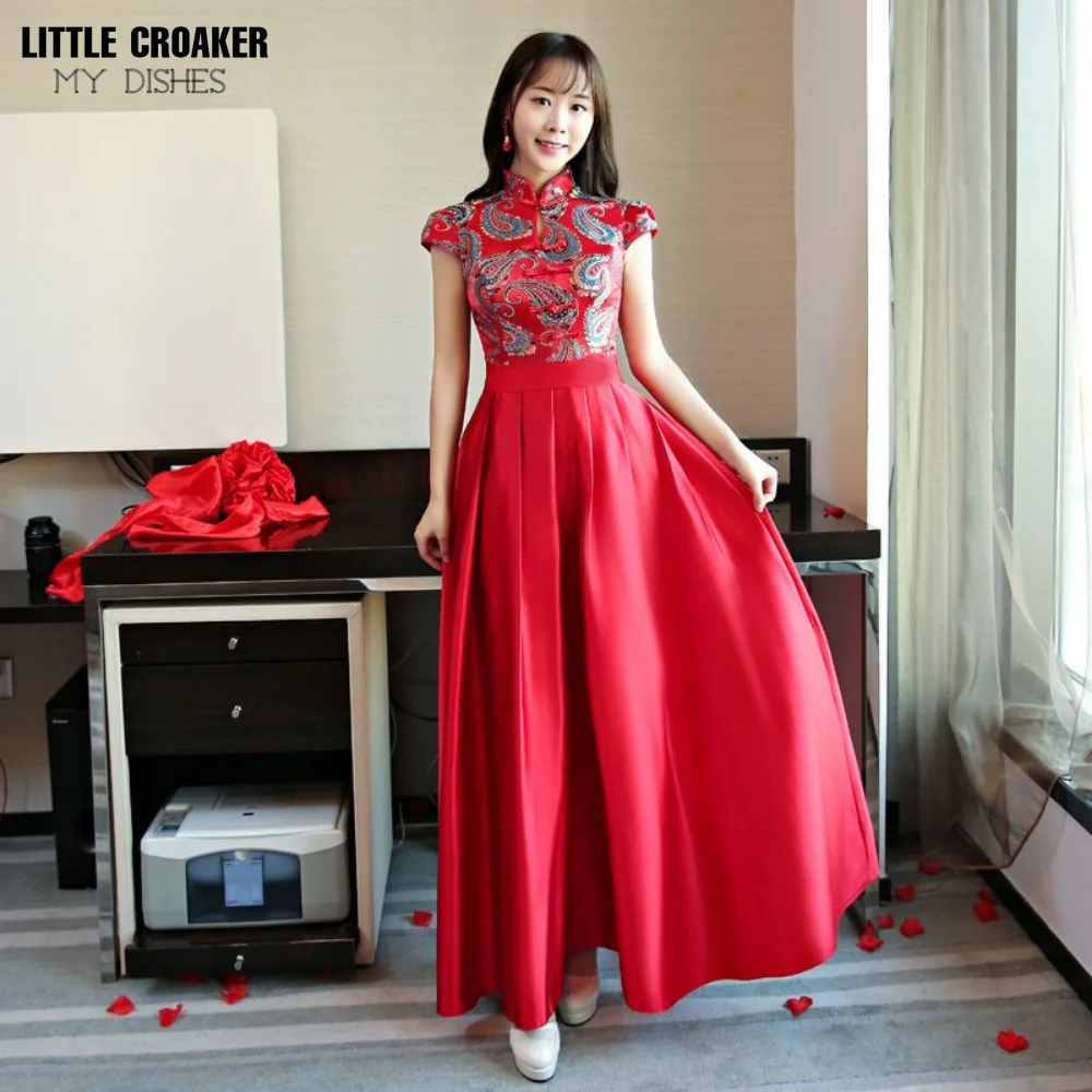 Frauen Qipao neue Brautjungfer Kleider chinesische Sommer Cheong sam schlanke Schwestern langes Kleid Fee Chinoiserie Braut Show