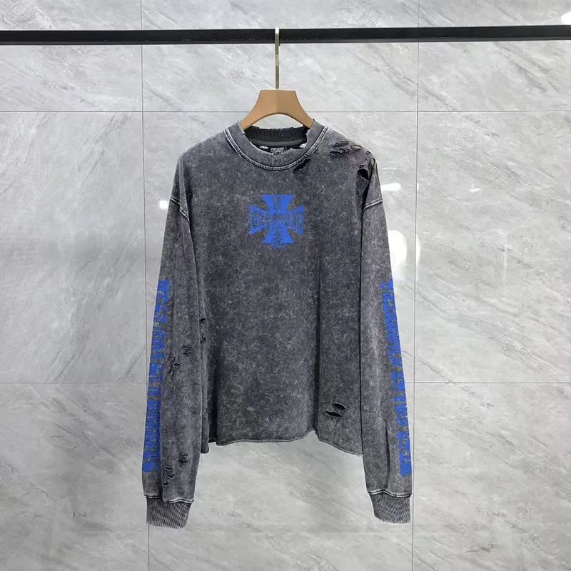

Classic Blue Letters Logo Print Saint West Coast Choppers Long Sleeves T-Shirt Men Women Vintage Washed Damaged Hole T Shirt Tee