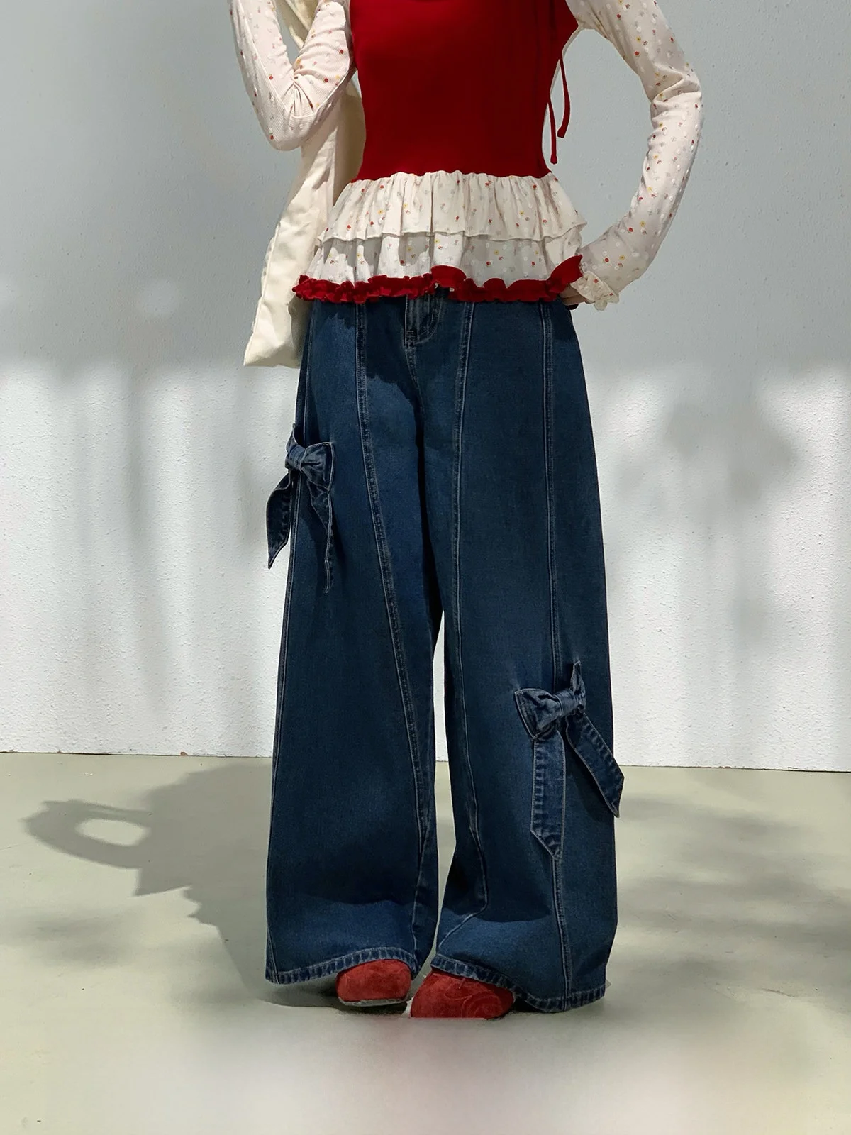 

High Waist Washed Blue Denim Pants Women's Spring Knot Wide Leg Jeans Ladies High Waist Loose Fit No Stretch