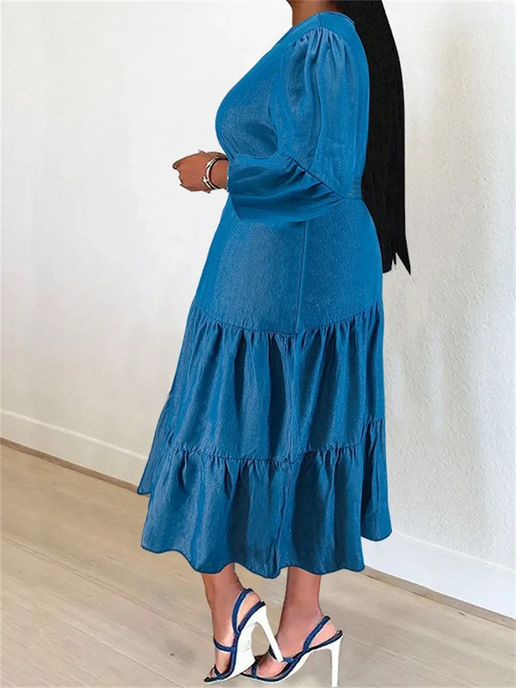 Wmstar Plus Size Denim Dresses for Women Solid Long Sleeve Fashion Elegant New Maxi Dress Wholesale Dropshipping with Bandage