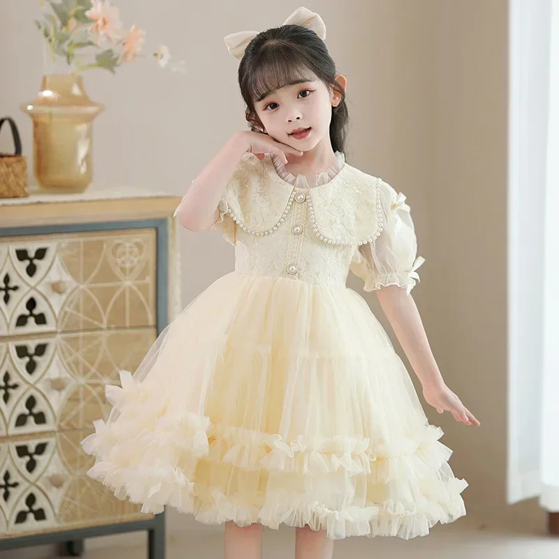 Vestido de fios macios infantil, vestido de princesa para menina, elegante, verão, 1 ° desempenho, novo