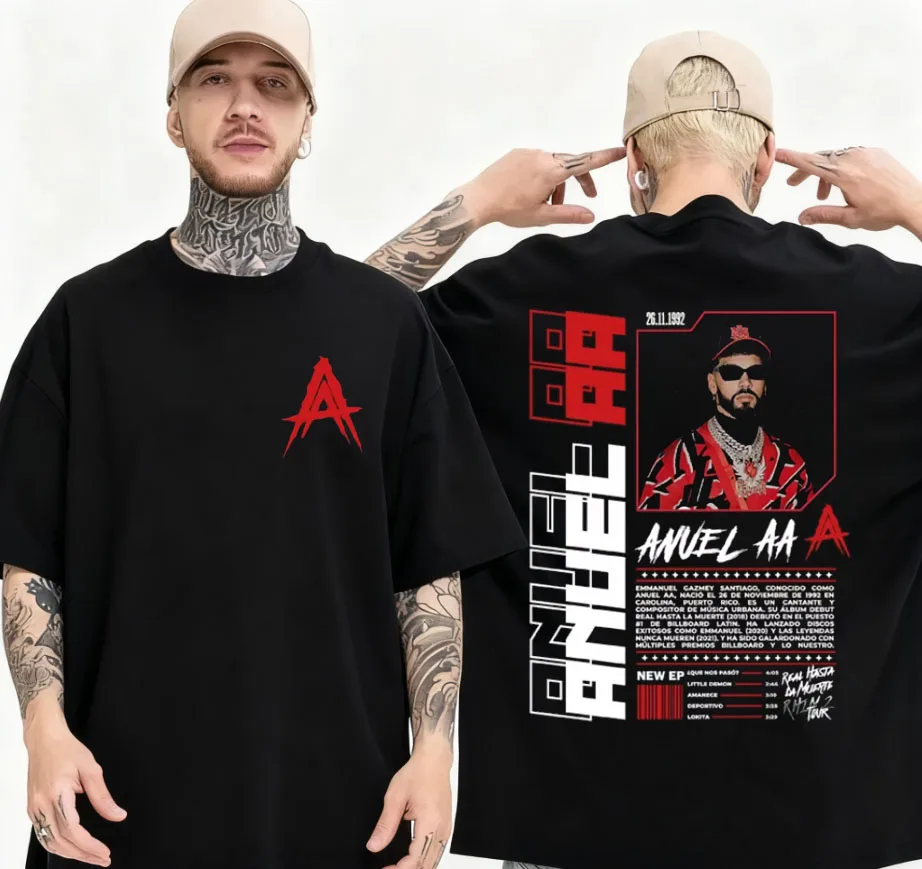 صيف 2025 Anuel AA Rhlm 2 Real Hasta La Muerte ألبوم صور تي شيرت الرجال الهيب هوب تي شيرت ريترو 100% القطن المتضخم تي شيرت