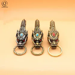 Pure Brass Red Eyes Dragon Head Keyrings Zodiac Dragon Keychain Men Waist Buckle Car Key Chain Pendant Charms Vintage Jewelry