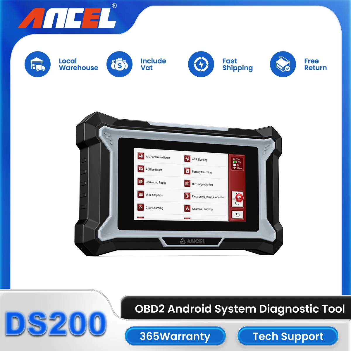 

Ancel DS200 OBD2 Auto Car Scanner Tester 4 System with A/F TPMS DPF Regen ABS Battery Matching Oil SAS EPB 15 Reset Scan Tools