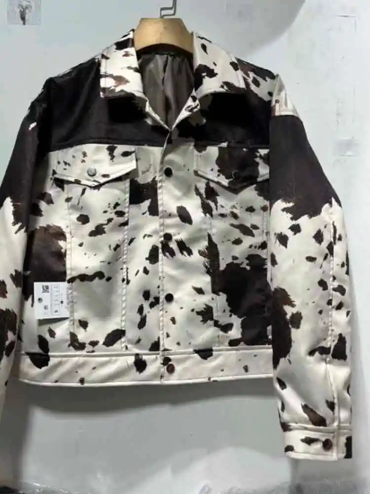 

Spring 2025 Women's Faionable Cow Print Denim Jaet Spicy Girl Open Cardigan Top High Waist Bell Bot Jeans Zipper Closure