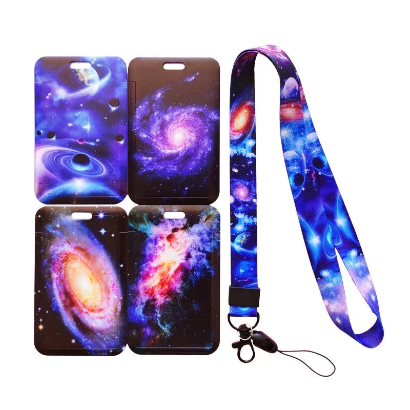 Soporte de tarjeta de nombre Galaxy para hombre, cadena de llaves, soporte de insignia de puerta, correas de cuello colgantes, funda de tarjeta de visita, cordón, accesorios de identificación