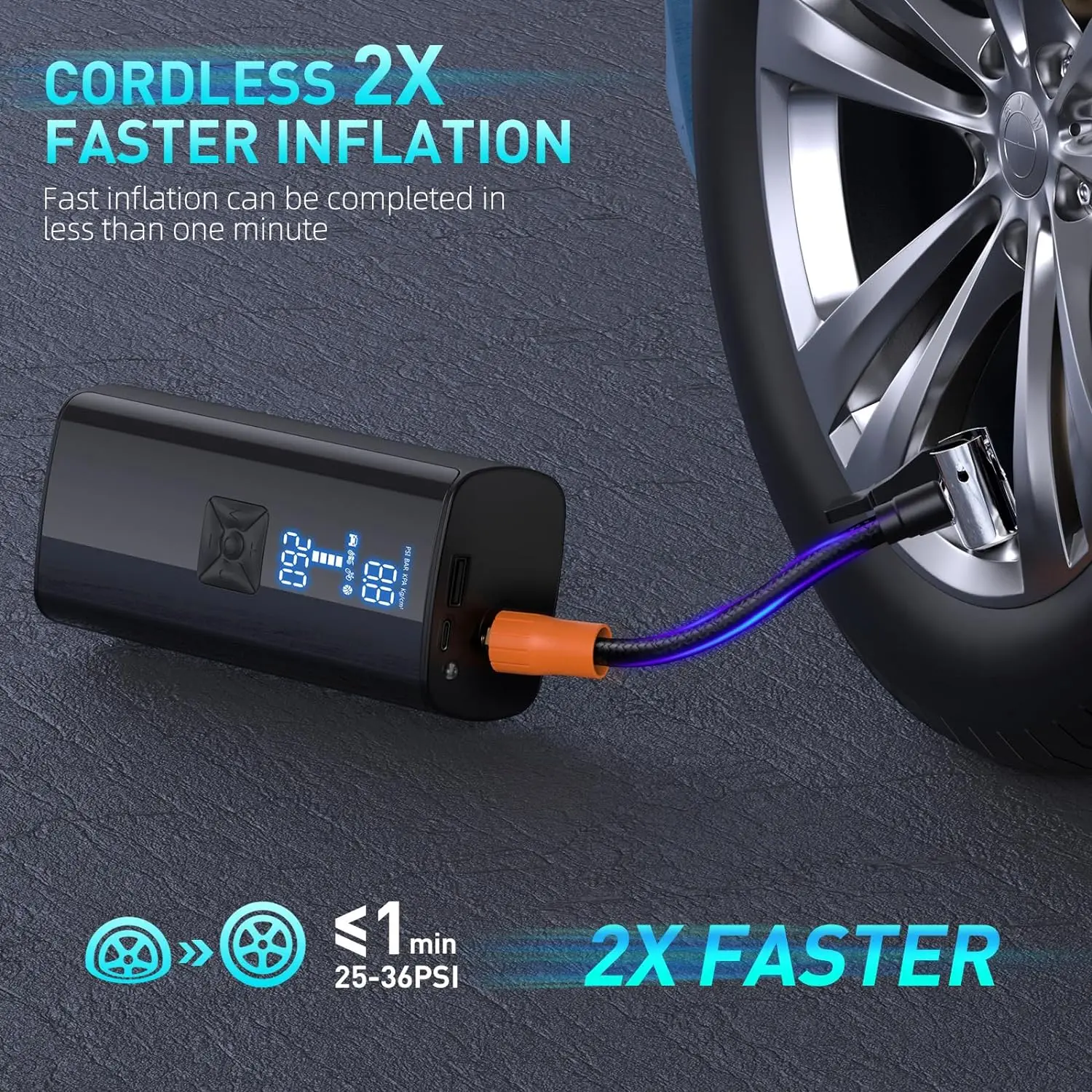 携帯型デジタル圧力計付きエアポンプ 150PSI 2倍速 メタル製エアコンプレッサー タイヤインフレーター 車 バイク オートバイ ボール用