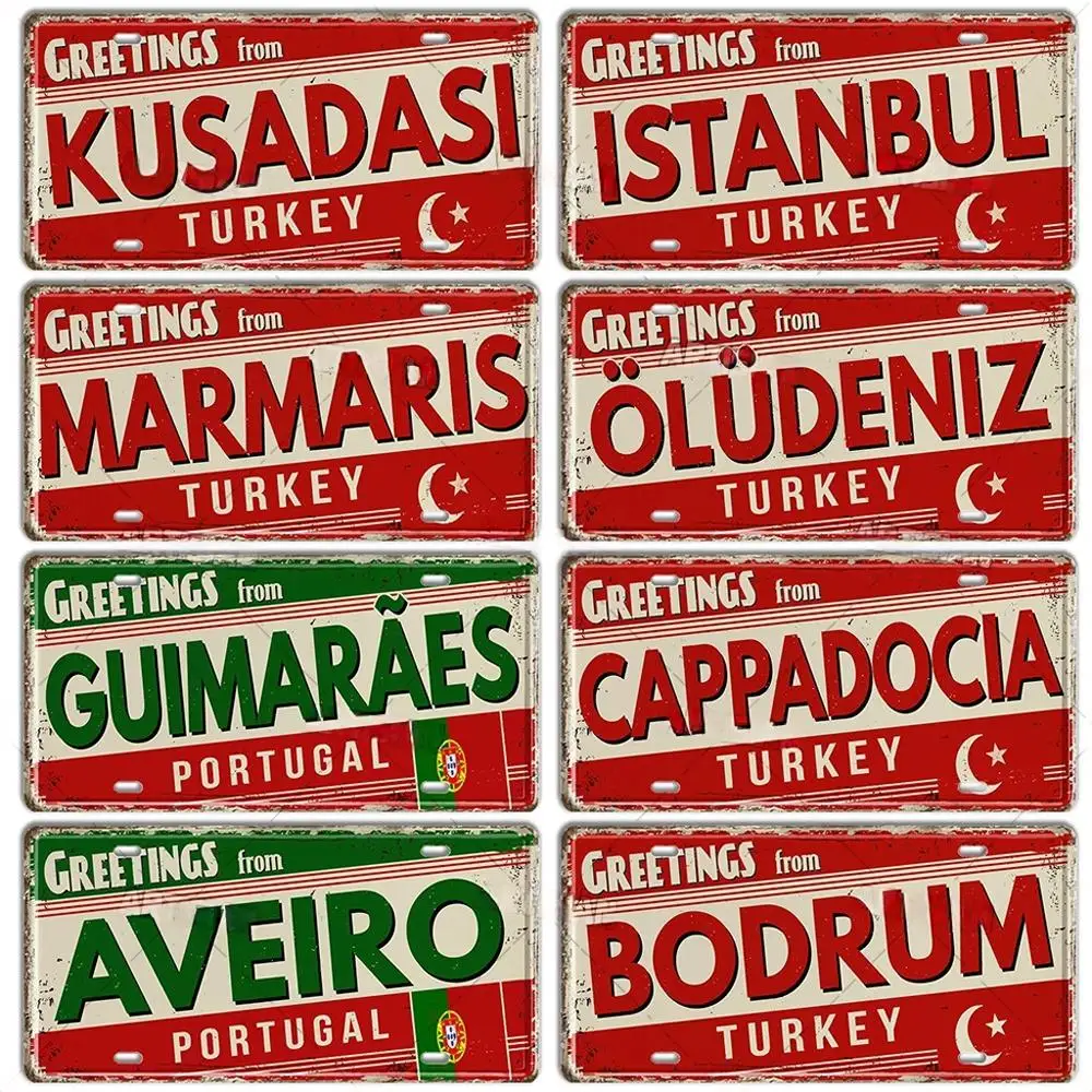 Turkey Portugal License Plate Metal Sign Portugal Landmark City State Decorative Plaque Garage Club Man Cave Bar Pub Wall Decor