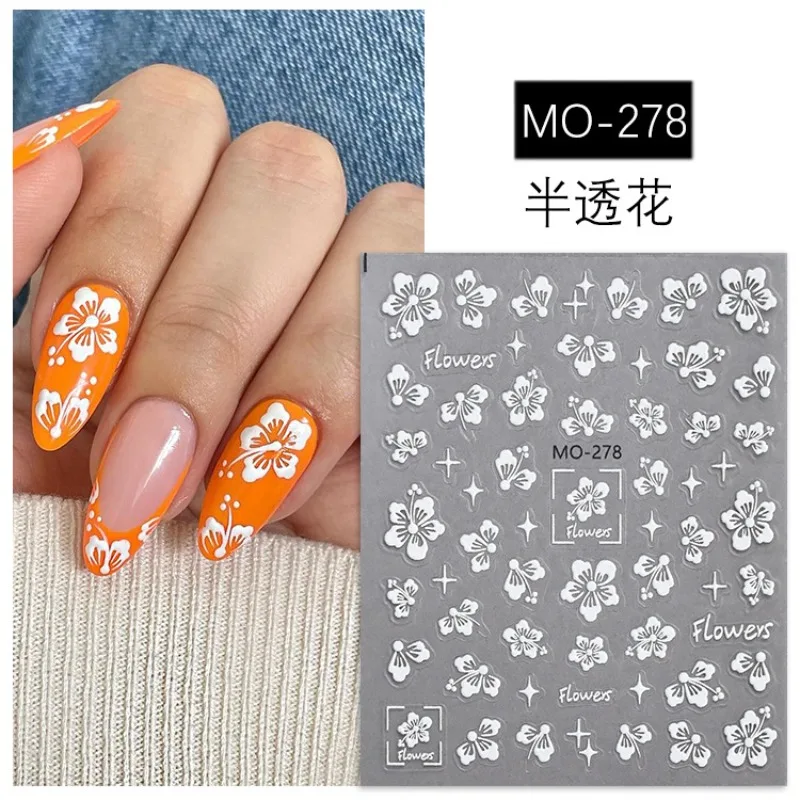 Hot-selling Embossed White Semi-transparent Floral Nail Stickers Pure Desire Style Pink Purple Small Floral DIY Nail Stickers