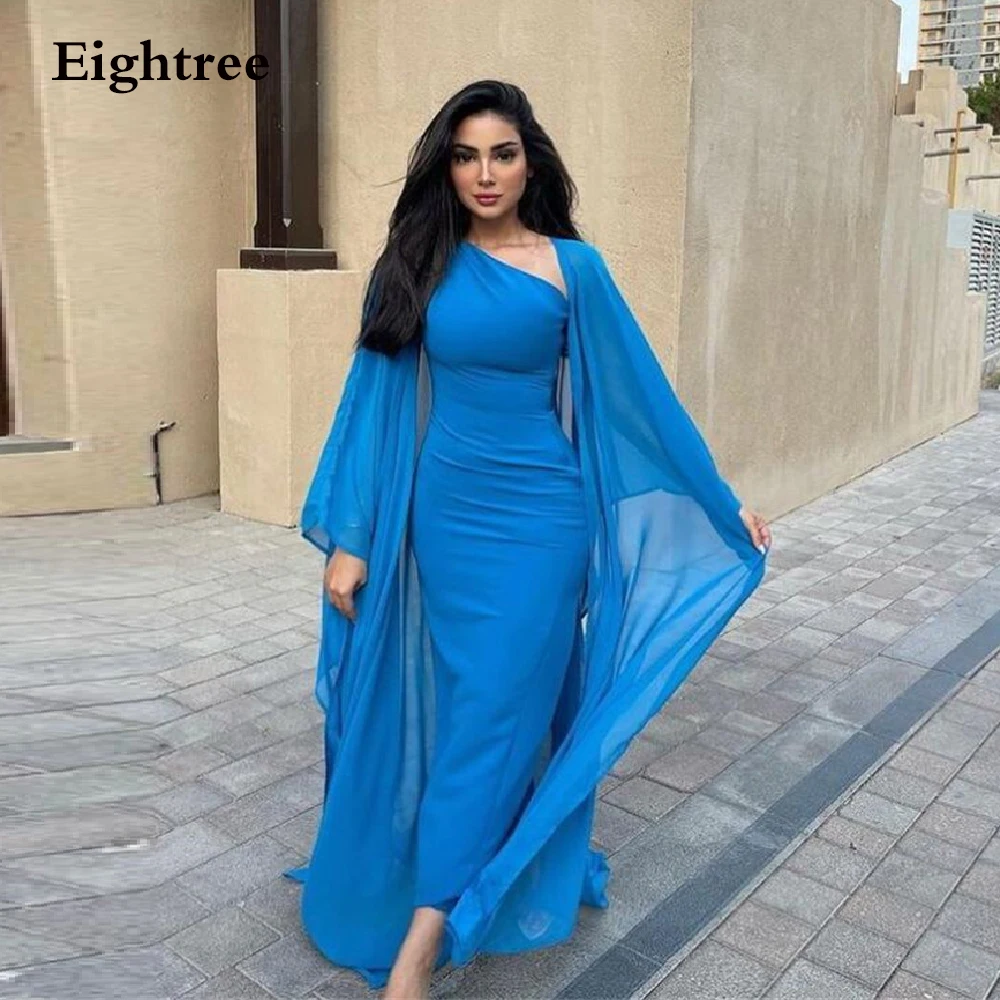 

Eightree Blue Chiffon Long 2024 Sleeves Dubai Evening Dress Strapless Arabic Newest Night Prom Gowns Party Formal Dresses 2022