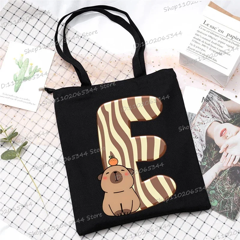 Tote Bag with Cartoon Capybara Alphabet A-Z Reusable Leisure Handbag Y2K Surname First Letter Shoulder Bag Woemn Shopping Bag