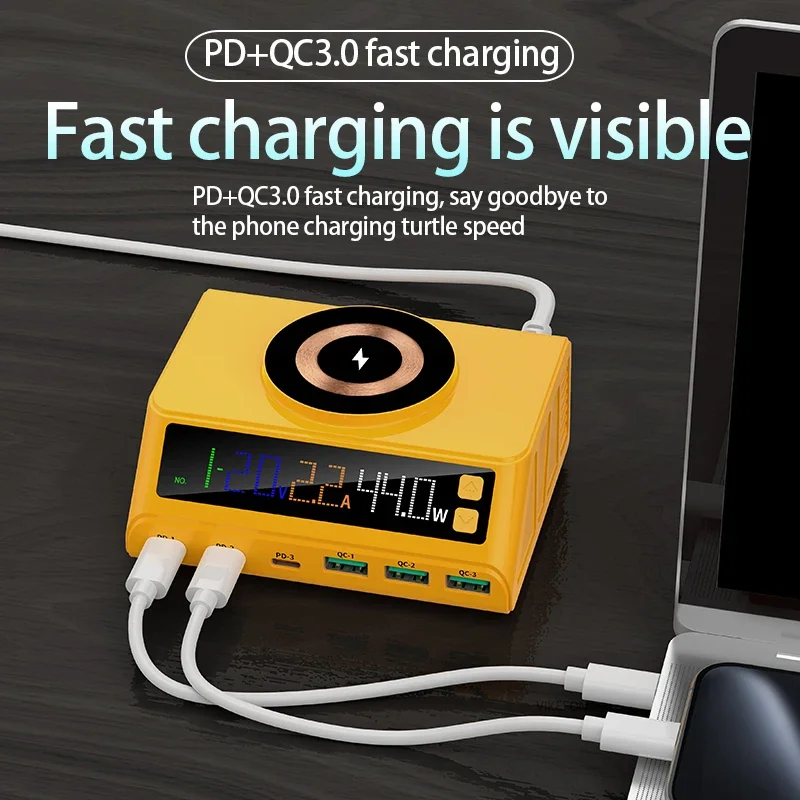 デジタル表示付き、qc30対応、磁石で固定できるワイヤレス充電機能を備えた、iphone、samsung、androidに対応する、pd急速充電対応の多ポートusb充電ステーション（proモデル）。
