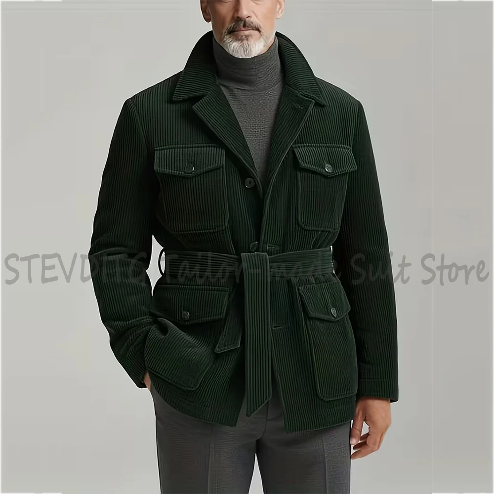 Dark Green Corduroy Belted Suit Two Pieces Chic Multi Pocket Notch Lapel Blazer Pants Slim Fit Business Casual Daily Wear
