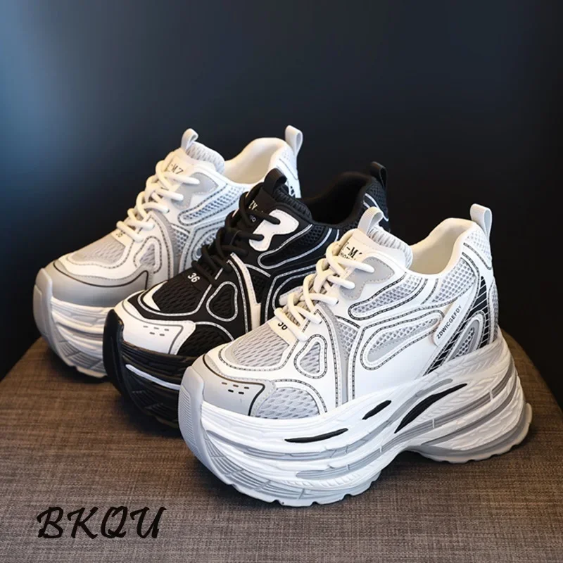 BKQU Explosion Thick Sole Inside Increase Daddy Shoes for Women 2024 Autumn Mesh Surface Breathable Sports Casual Shoes