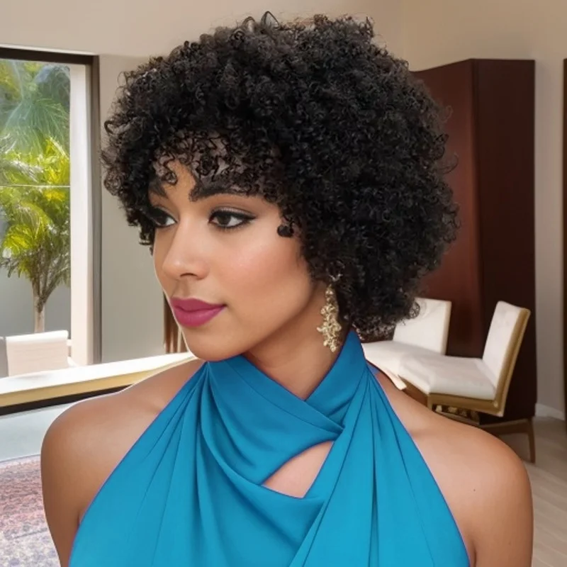 짧은 픽시컷 가발 여성용 인모 곱슬머리 가발 풍성하고 부드러운 곱슬머리 기계식 가발